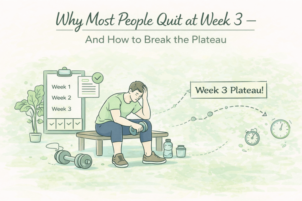 Why Most People Quit at Week 3 – SlimHomeLife illustration of a progress curve hitting a plateau and breaking through.